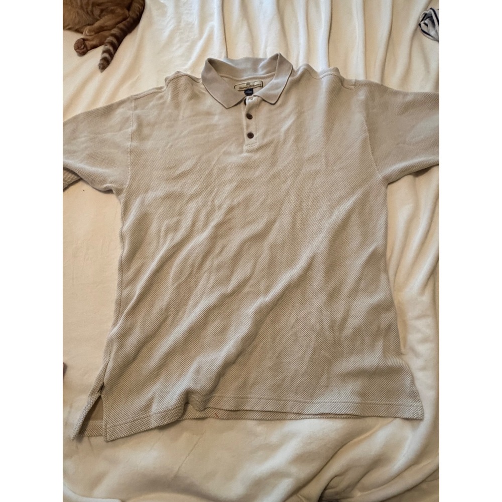 Tommy Bahama Mens XL Silk Cotton Blend Polo Shirt Beige Textured Short Sleeve